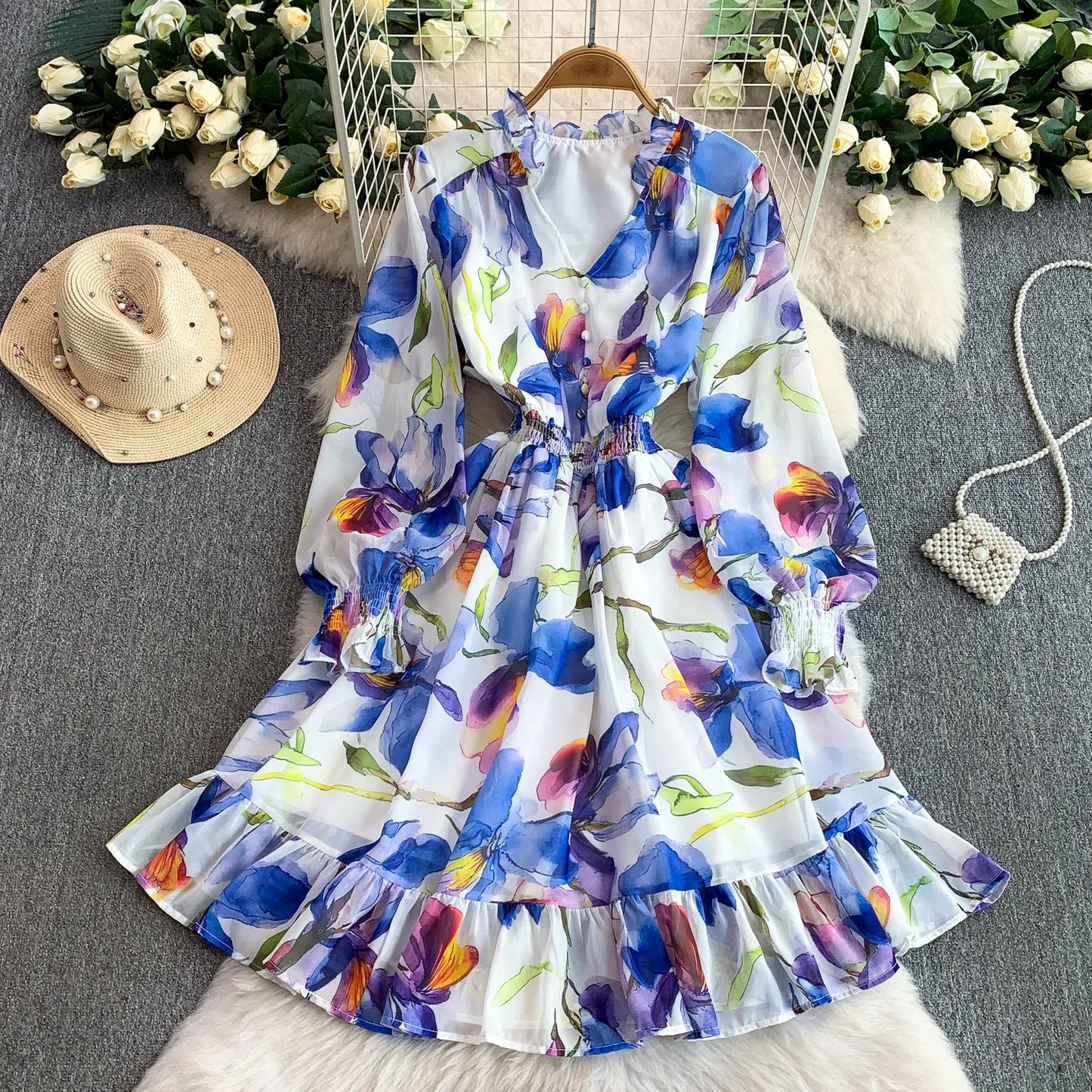 Vaion Sle V-Ne Printed Chiffon Women's Dr Elastic Waist Slimming A-Line Midi Skirt Bell Sve Long Sve Winter D...