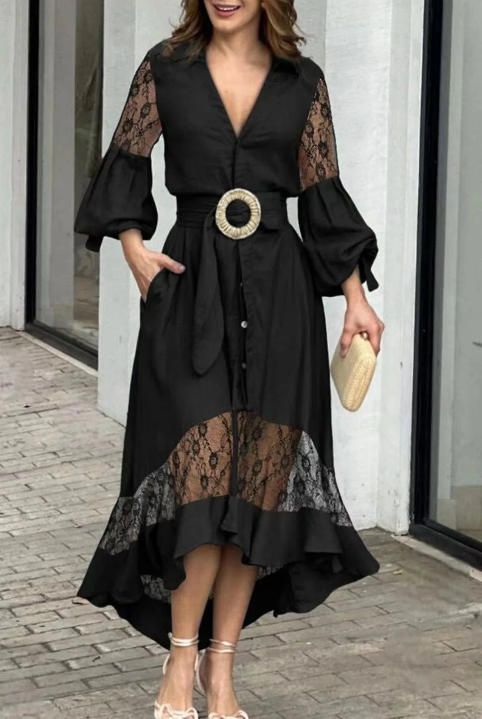 Elegant Dresses for Women Fashion Solid Lantern Sleeve Ruffle Hem Pocket Design Belt Maxi Dress Office Ladies Temperament Dress