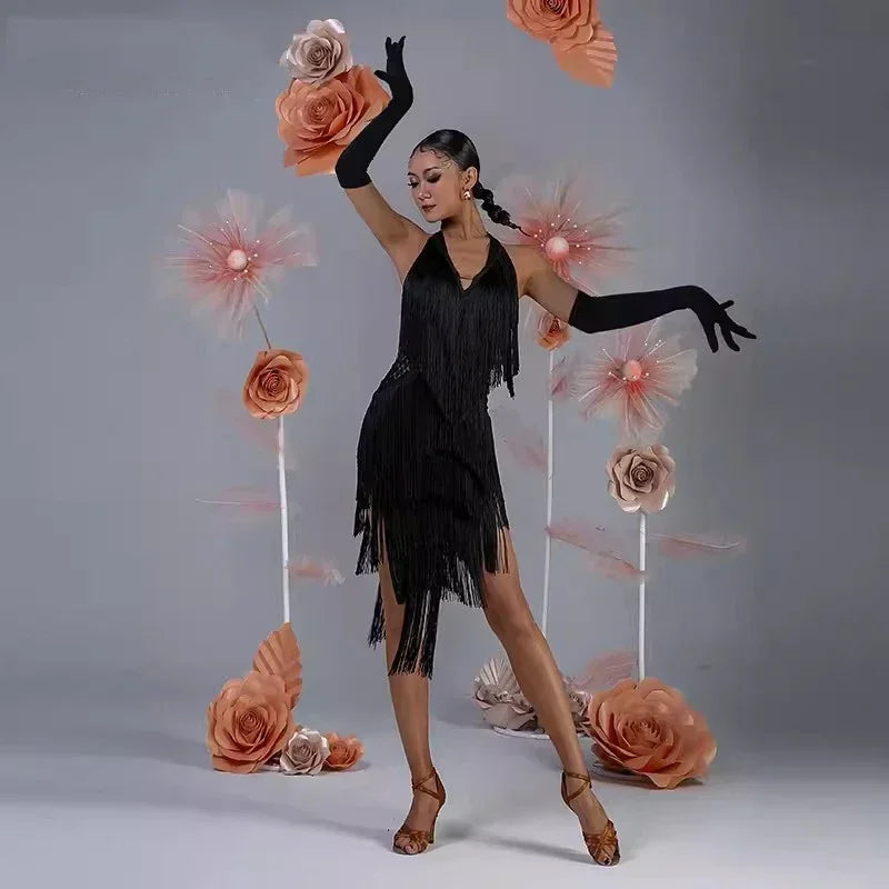 Women Backless Fringe Sexy Black Dress Cha Cha Rumba Samba Tango Dance Costume Prom Wear Latin Dance Copetition Dress