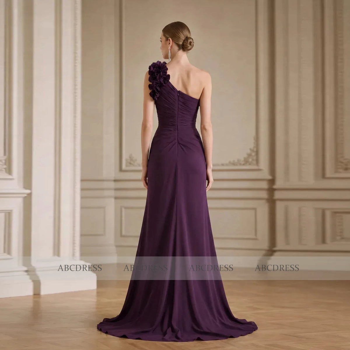 Customized One‑Shoulder Dark Purple Formal Evening Gown 3D Floral Applique Prom Party Dress Sweep Train Wedding Guest Dresses