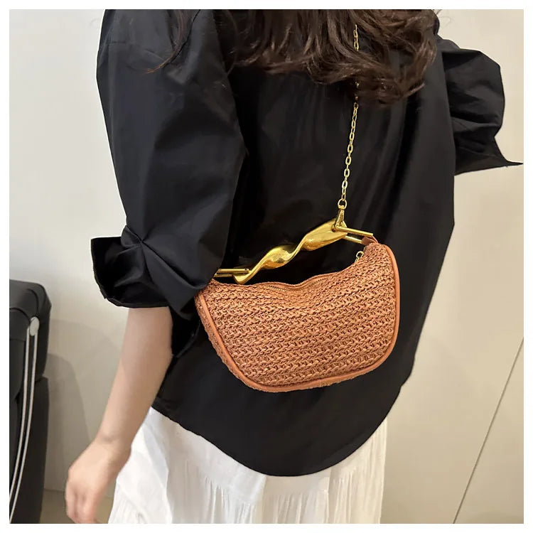 Luxury Metal Handle Clutch Bag Women Exquisite Handmade Rattan Woven crossbody Bag Half-moon Beach Bags Roomy Straw Tote Bag