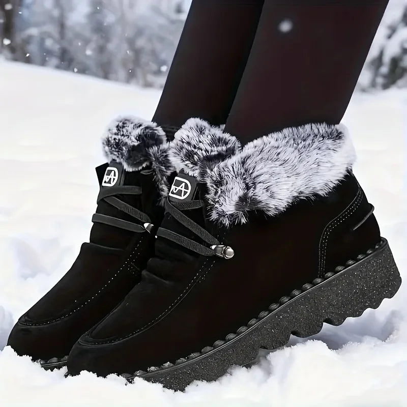 Women Winter Suede Snow Boots Warm Thick Furry Lined Ankle Booties Lace Up Non Slip Lug Sole Waterproof Thermal Shoes for Outdoor Snowfield Walking Cold Weather Daily Casual Wear Black Yellow Navy Three Classic Colors Ladies
