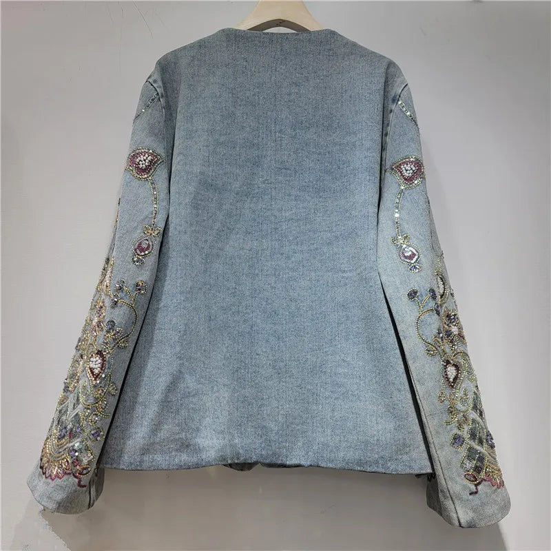 DEAT Women's Denim Coat Luxury Colorful Sequins O-neck Embroidery Single Breasted Jackets 2026 Autumn New Fashion 29A8728