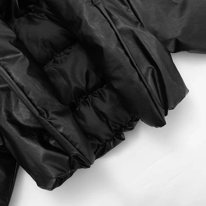 Kliou Faux Leather Puffer Coats Woman Winter Warm Trend Stand Collar Full Sleeve High Street Casual Fashion Style Crop Jacket