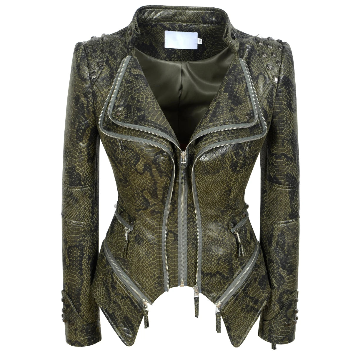 Snake Skin Print PU Women's Winter Jacket Stand Collar Zipper ClothesFashion Casual Pattern Coats Faux Leather Motocycle Top