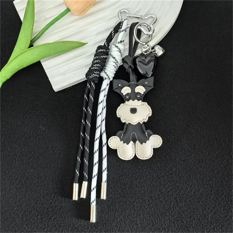 Lovely PU Leather Schnauzer Keychain Cute Puppy Animal Hanger Dog Fashion Bag Pendant Creative Woven Rope Keyring Bag Charms New