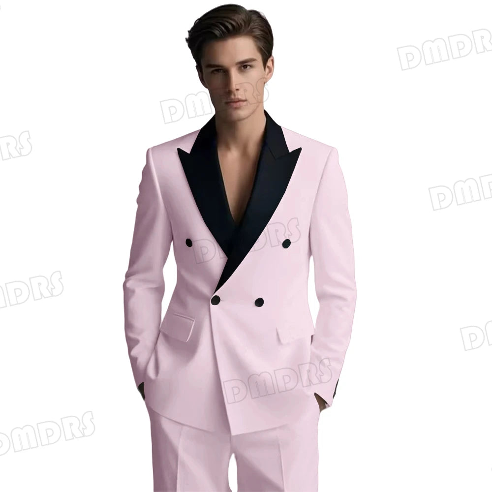Slim Fitting White Suit Set for Men, Black Collar, 2 Pieces Formal Suits, Wedding Tuxedo, Customized Colors Blazer and Pant Set