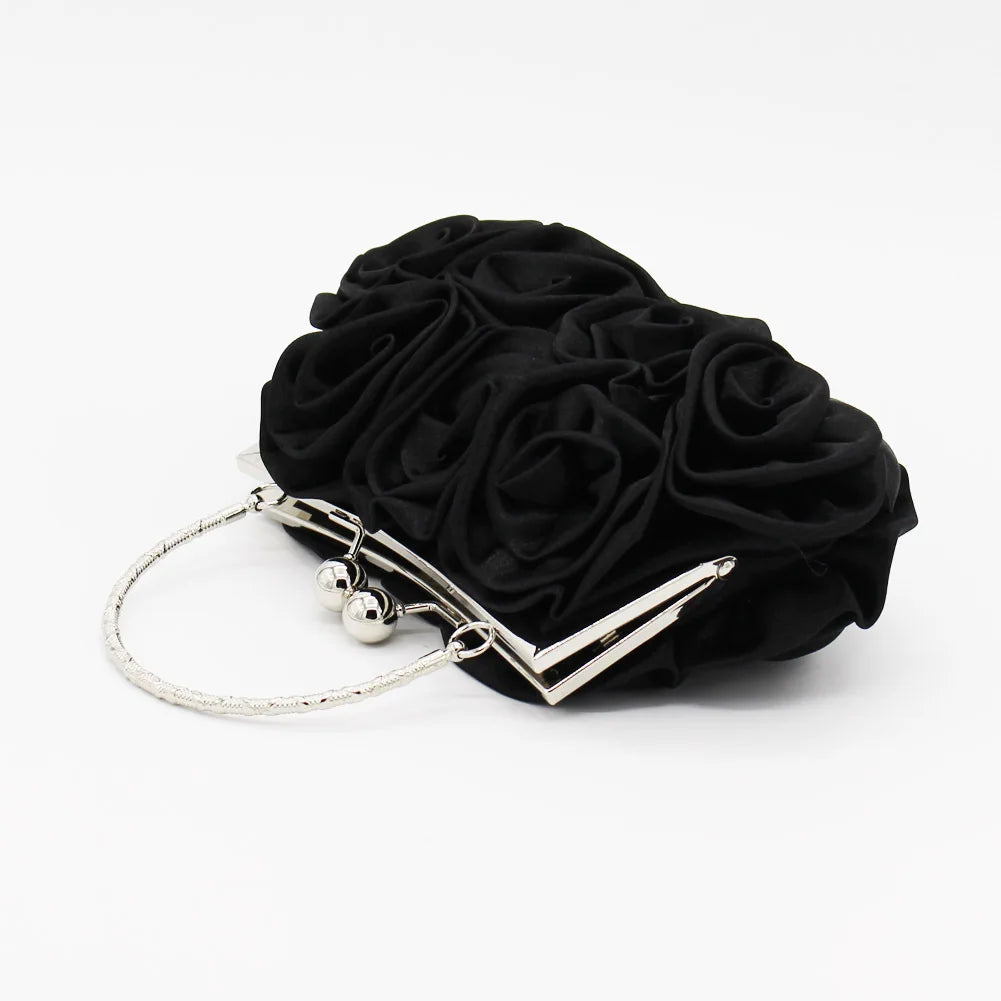 Satin Flower Clutch Bags For Women Banquet Party Evening Bags Metal Handbags Retro Blue Silver Black Chain Shoulder Bag female