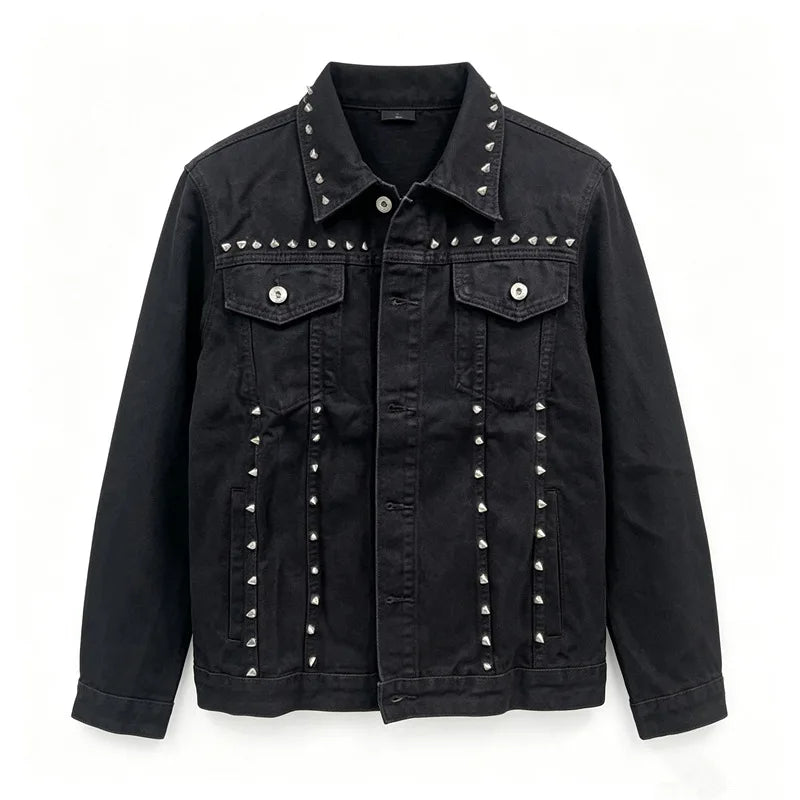 QICHE High‑Street Men Denim Jacket European‑Inspired Heavy‑Weight Rivet Decor Trendy Casual Outerwear