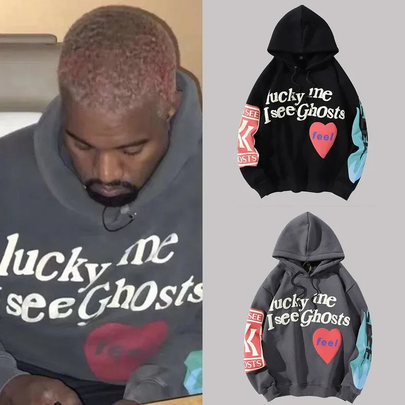 Harajuku Weirdo Graffiti Letter Printed Hoodies Men 2025 Lucky Me I See Ghosts Mens Hooded Sweatshirt Fleece Pullover Streetwear