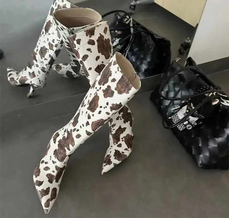 ZAROY Stiletto Heel Knee High Boots Brand Designer Brown Cow Print Pointed Toe Zipper Runway Banquet Dress High Botas сапоги