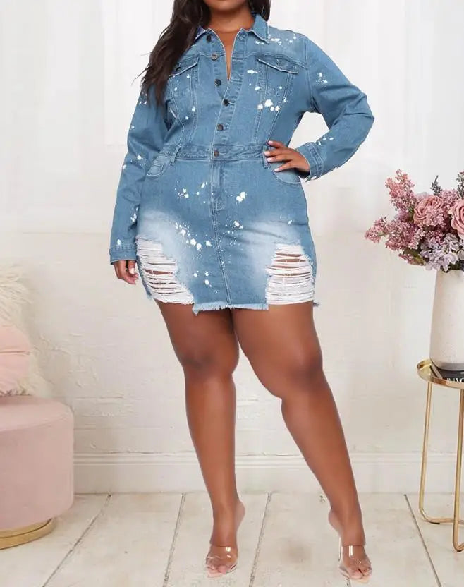 Women's Dresses 2023 Spring Fashion Ink Splash Ripped Raw Hem Button Front Casual Turn-Down Collar Long Sleeve Mini Denim Dress