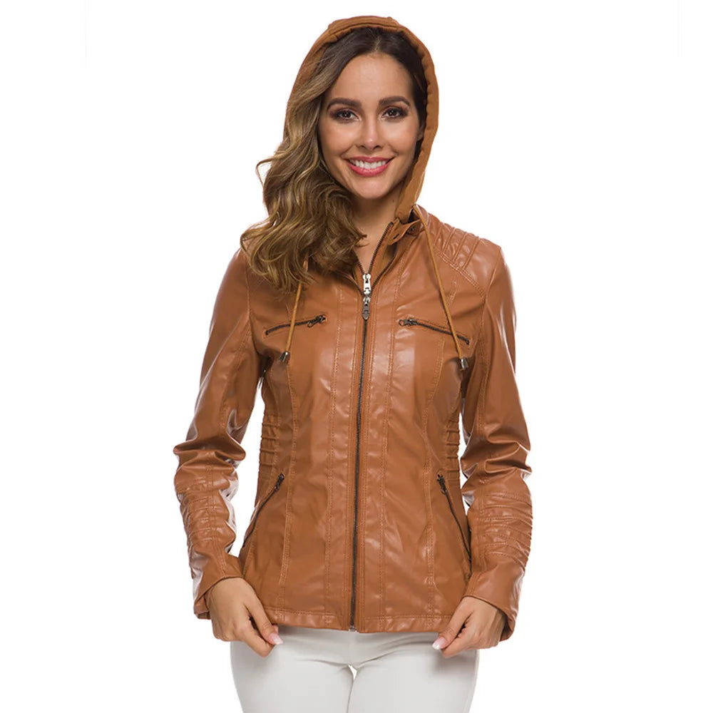 Faux Leather Jacket for Women, Female Winter Coat, Motorcycle Jacket, Faux Suede, PU Zipper Hoodies, Outerwear