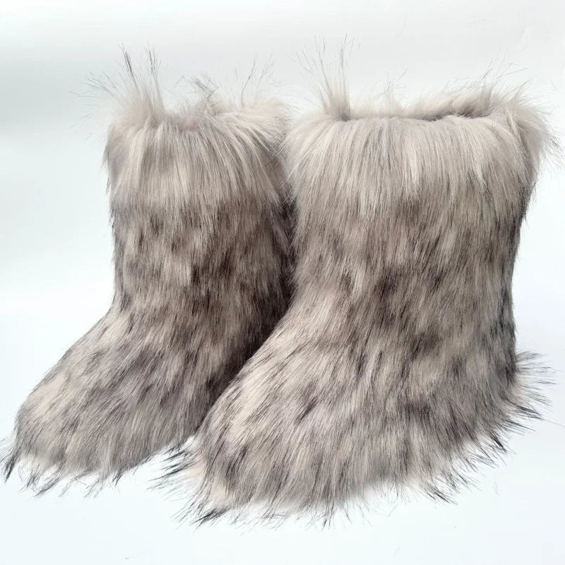 Cute High Quality Faux Raccoon Fox Fur Shibuya Gal Thickened Plus Size Mid-Calf Faux Fur Warm Winter Snow Boots for Women