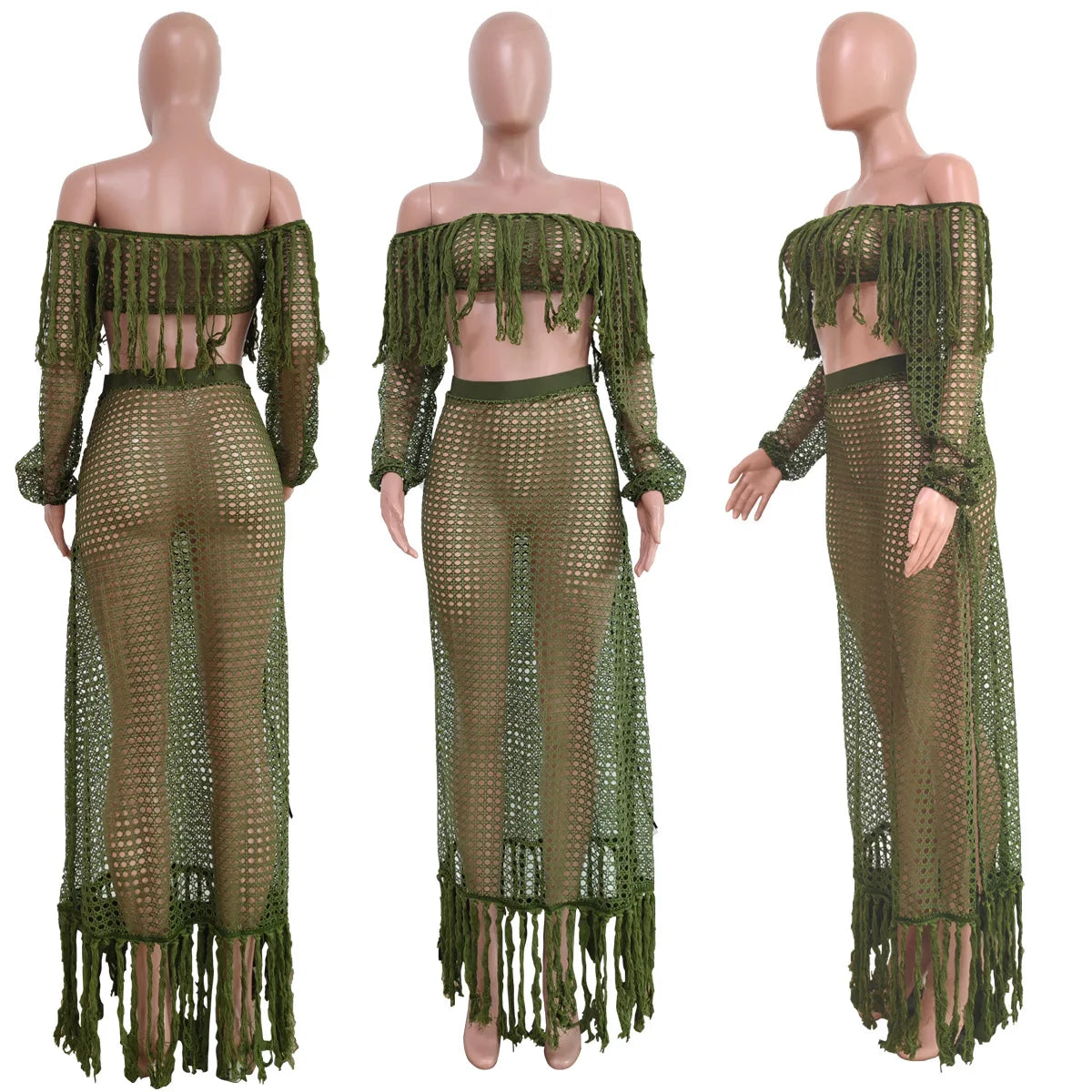 Skirt 2 Piece Set Women Beach Long Skirts Suit Top Off Shoulder Tassels Sexy Hollow Out Ensemble 2025 Summer Female Outfits