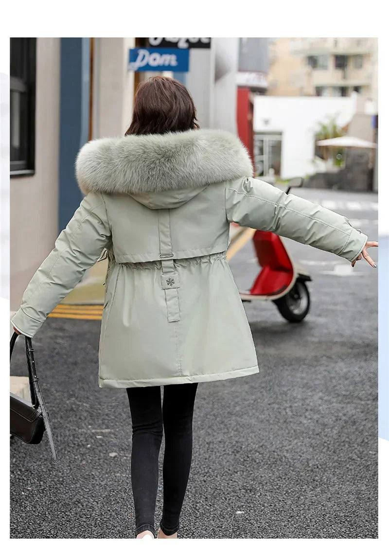 Winter Coat Low Price On Sale Women Beige Add Wool Thick Warmth Fur Hooded Parkas Jacket 2026 New Fashion Belt Slim Cotton Coat