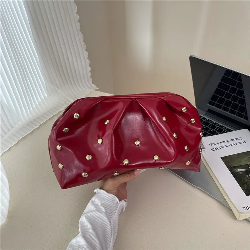 Simple Versatile Clip Evening Handbags for Women Solid Color Rivet Pleated Design Ladies Clutch Female Soft Pu Leather Purse