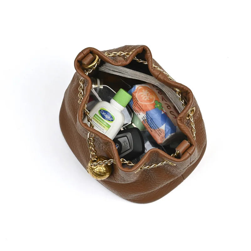 LD-Soft Leather Bag Versatile for All Seasons, Sweet and Ladylike. Top Layer Cowhide Handbag, Single Shoulder Bucket Bag