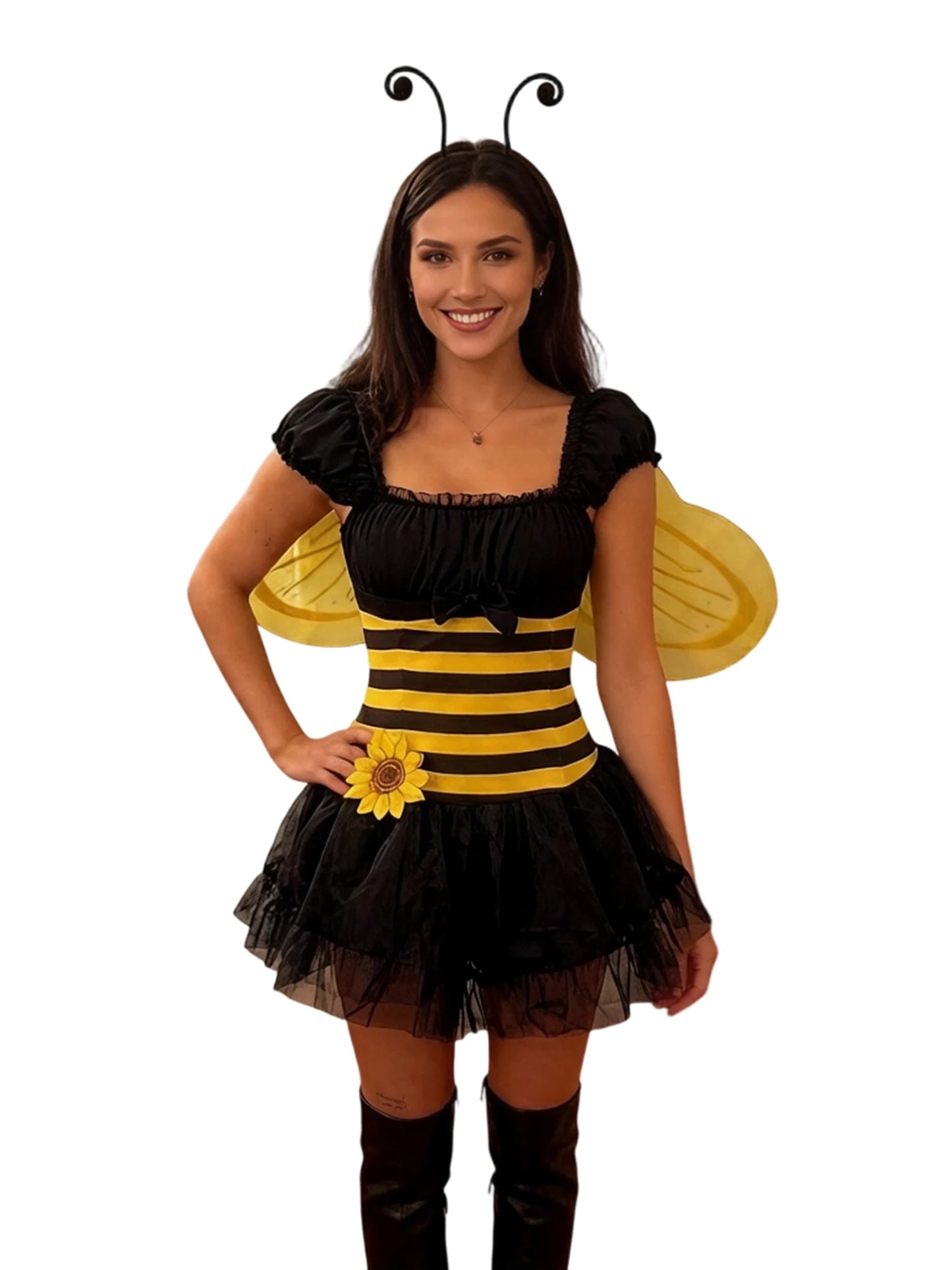 Women Bubble Bee Costume Striped Mini Tulle Dress Wings and Antenna Headband Set of 3 for Halloween Cosplay Party