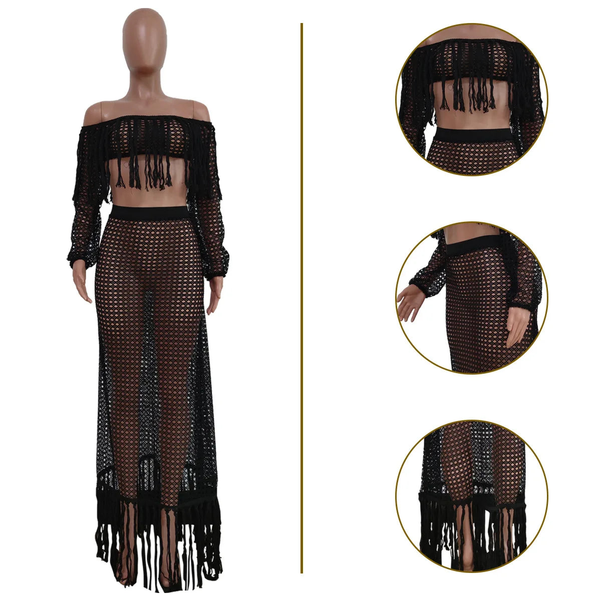 Skirt 2 Piece Set Women Beach Long Skirts Suit Top Off Shoulder Tassels Sexy Hollow Out Ensemble 2025 Summer Female Outfits