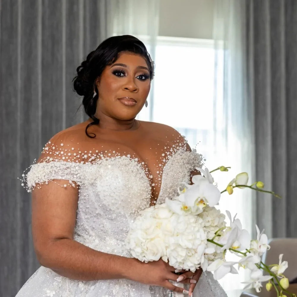 African Sheer Neck Wedding Dresses Beads Sequins Appliques Plus Size Women Bridal Gowns Elegant Vestido De Novia customized