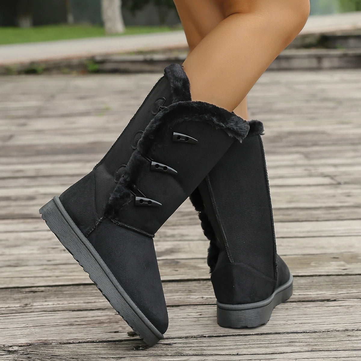 Women Snow Boots Winter Mid-calf Boots Warm Cotton Shoes Fashion Solid Color Button Ladies Brown Long Boots Plus Size 42