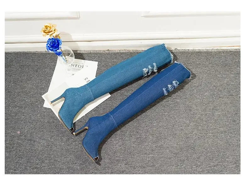 Summer Autumn Thigh High Boots Women Fashion Peep Toe Over The Knee Boots Blue Denim Jeans Zipper Long Boots Shoes Ladies