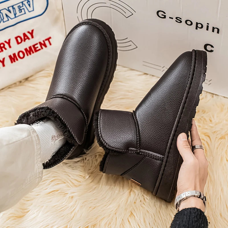 Couple Style Men's and Women's High-Top Leather Waterproof Snow Boots Plus Velvet Warm Boots and Cotton Shoes