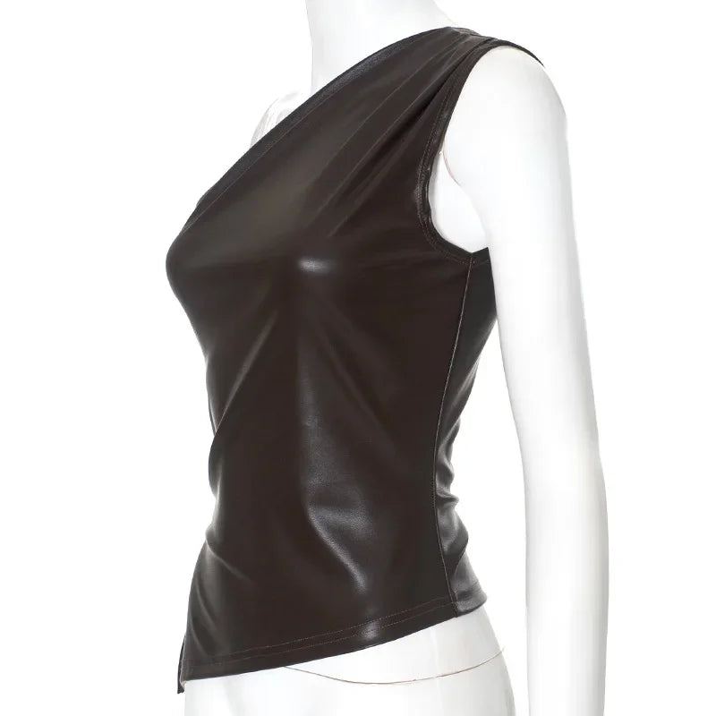 PixieKiki Fashion PU Leather Sleeveless T Shirts Side Zipper One Shoulder Asymmetrical Tops Women Clothing Fall 2024 C85-CA12