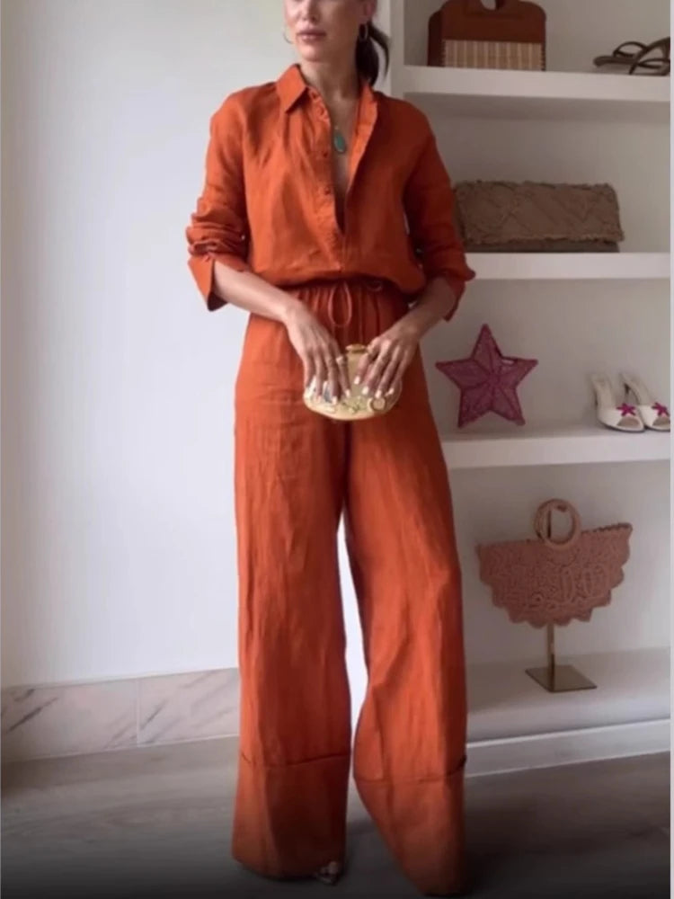 2025 Summer Fashion New Women's Commuting Style Women's Two Piece Set with Collar Single Breasted Shirt and Wide Leg Pants Set