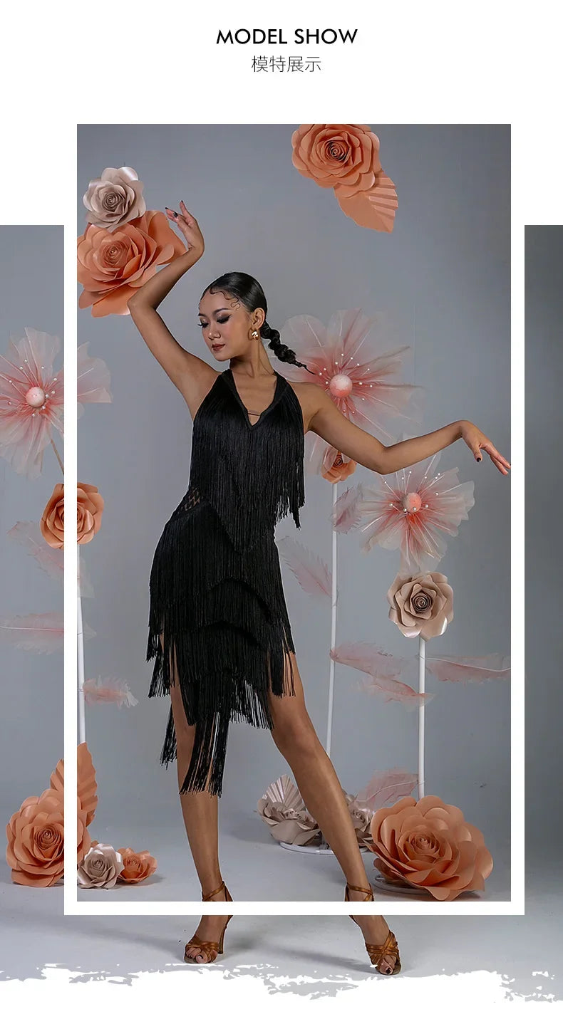 Women Backless Fringe Sexy Black Dress Cha Cha Rumba Samba Tango Dance Costume Prom Wear Latin Dance Copetition Dress