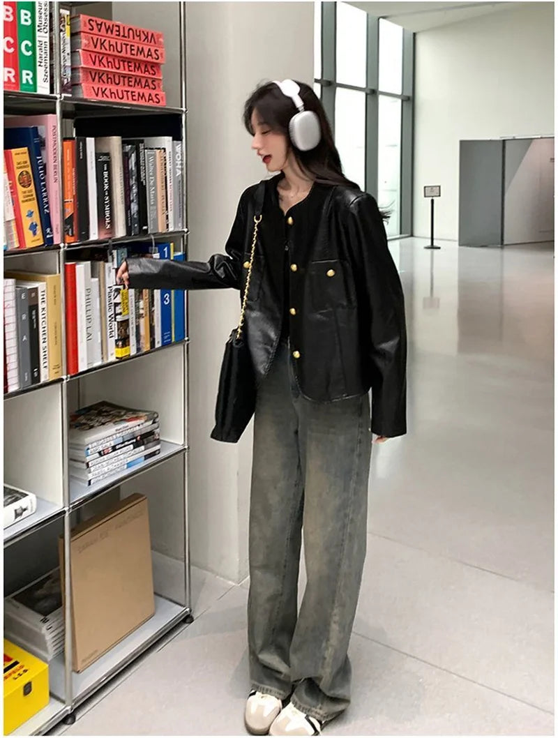 Small Fragrance Leather Jacket Women's Spring Autumn 2026New PU Leather Coat Lady Short High Sense Outerwear Popular Female Tops