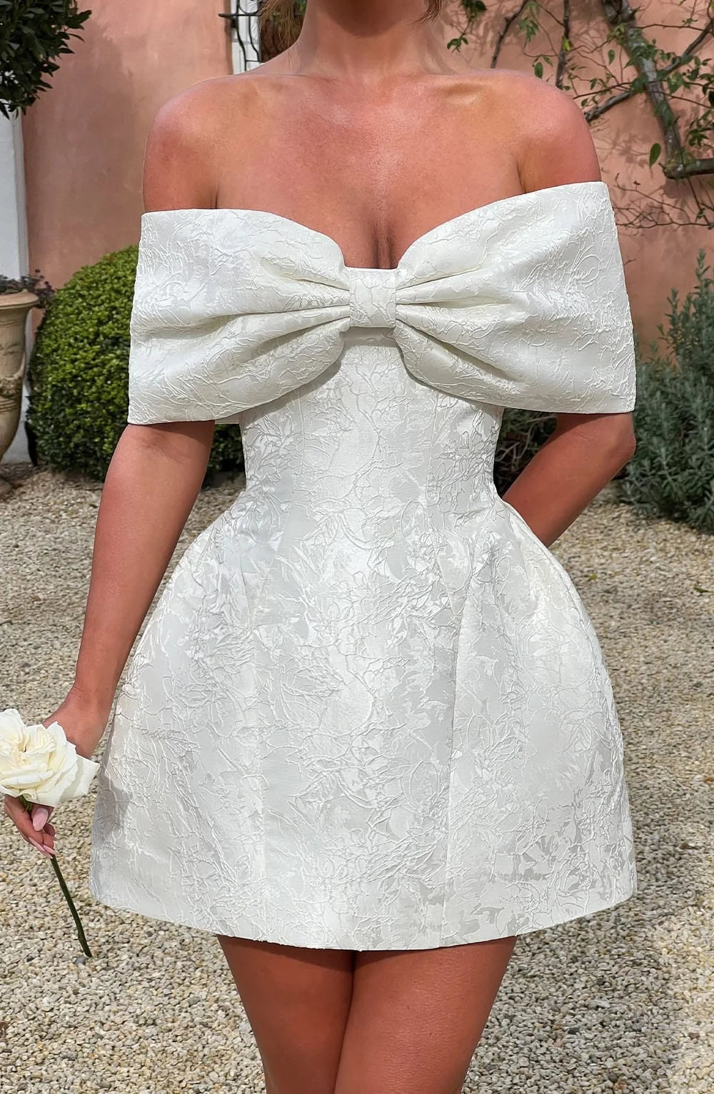 Pink Big Bow Jacquard Prom Dress Off Shoulder Women Formal Evening Gowns Fitted Mini Skirt For Wedding Cocktail Party