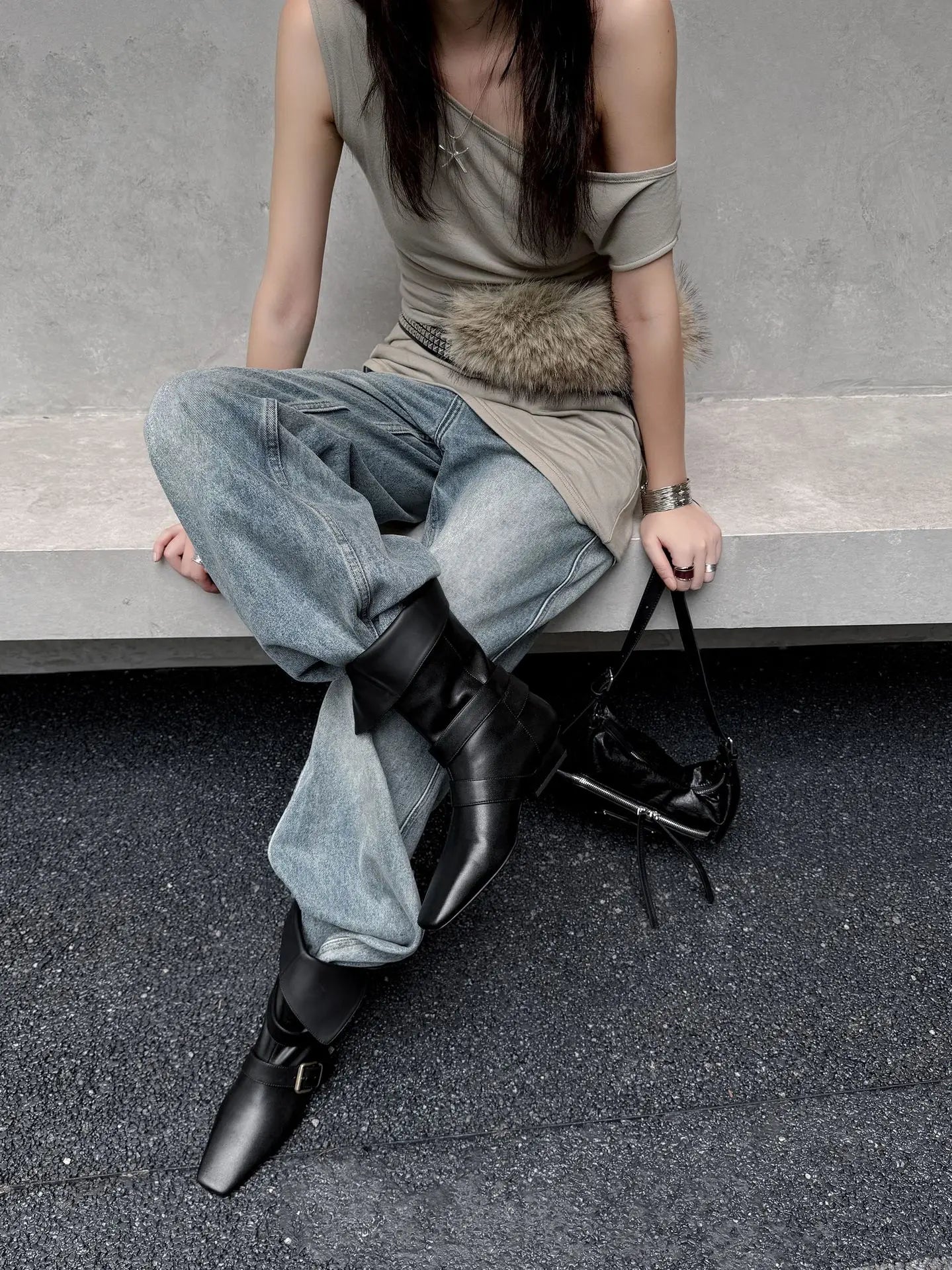 Arden Furtado Autumn Belt buckle cowhide Mid-Calf boots Square toe pull-on Middle heel Modern boots Large size Women's Boots