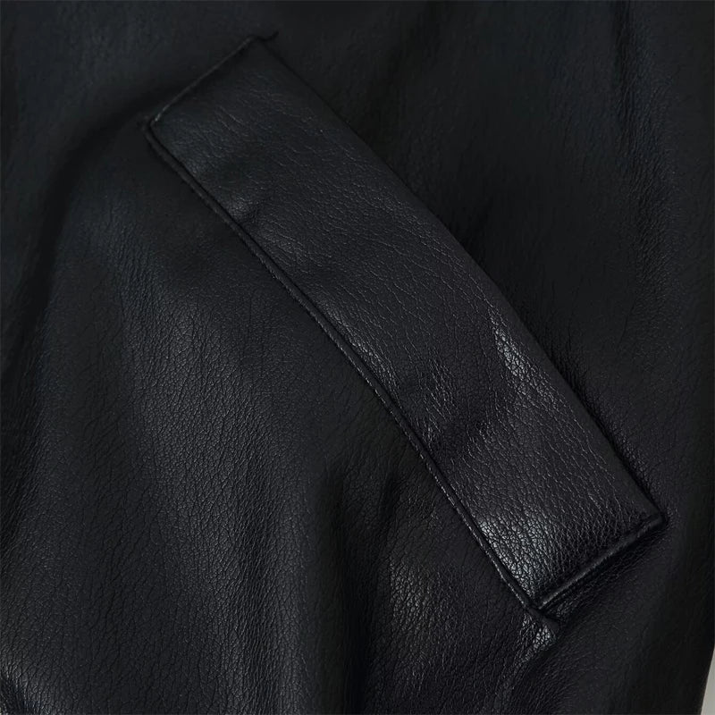  Women's Faux Leather Bomber Jacket Black Stand Collar Cropped Loose Vintage Outerwear 2026 Autumn Lady Street Chic Casual Coat