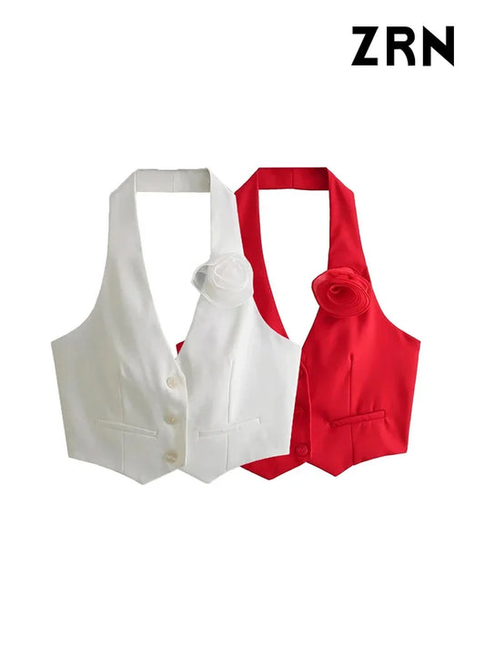 ZRN-Women's Floral Appliques Halterneck Waistcoat, Sexy Backless Button-up Female Outerwear, Chic Vest Tops, Fashion