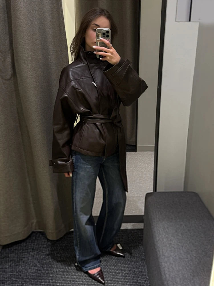 Faux Leather Jacket Stand Collar Winderbreaker Woman Waist Tie Belt Coat Long Sleeve Loose PU Leather Coat Street Wear Clothes