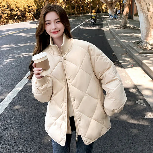 2024 Korean Style Argyle Spliced Down Coat Petite Cropped Warm Stand Collar Cotton Padded Jacket For Women Long Sleeves