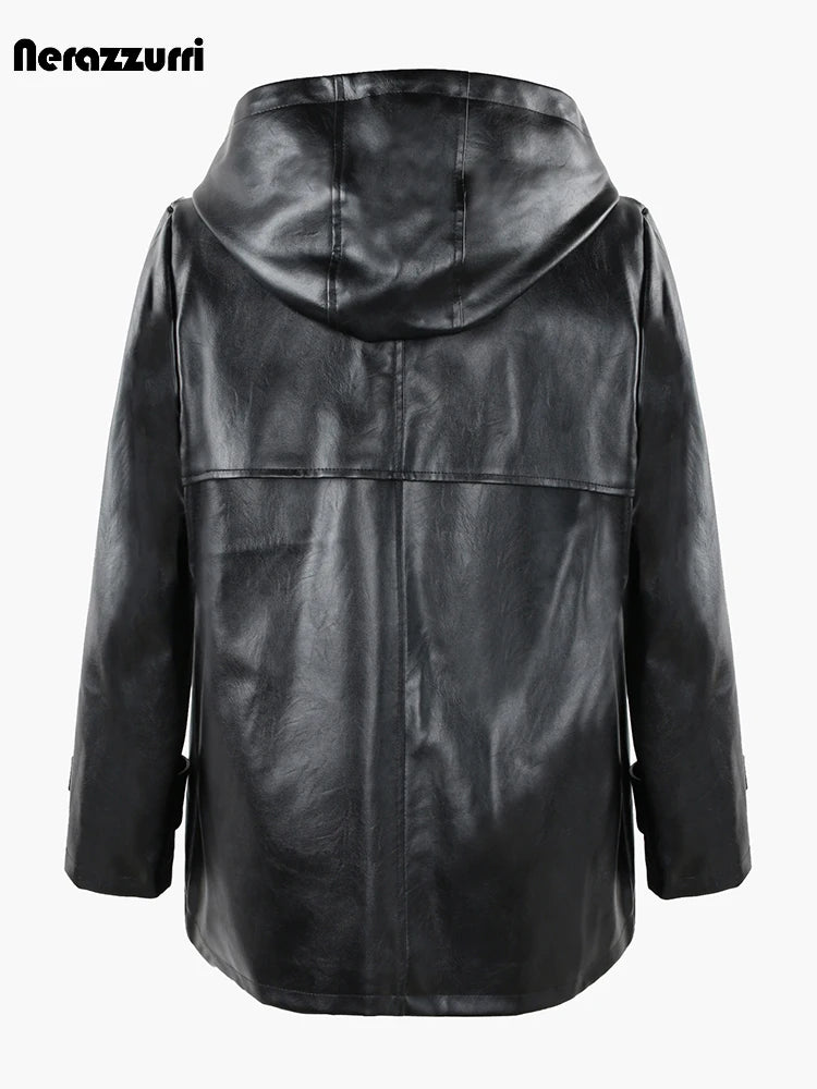 Nerazzurri Spring Autumn Black Waterproof Lightweight Soft Pu Leather Jacket Women with Hood Zipper Loose Casual Clothes 2023