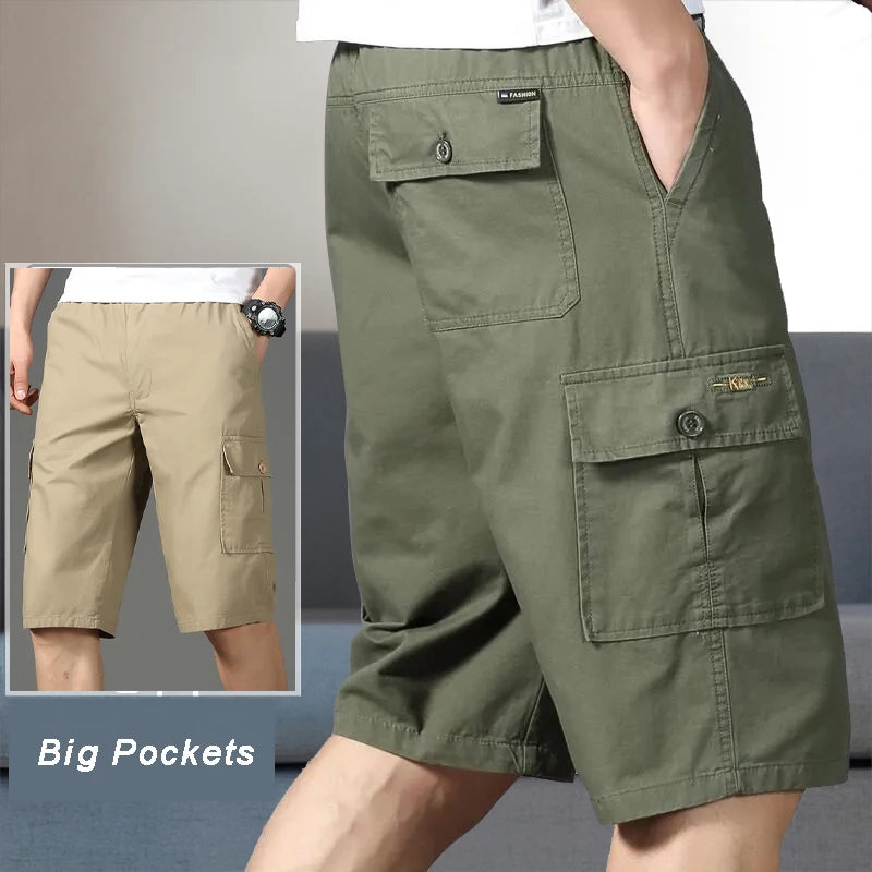 Zipper Pocket Workwear Shorts Mens Knee Cargo Pants 2026 Summer Cotton Shorts Men Climbing Jogger Elastic Waist Sports Work Wear