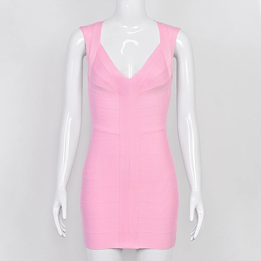 BEAUKEY Luxury Sexy Plunge V Bandage Dress Stripes Slim Bodyocn Mini Party Celebrity Evening Dress Elastic Knitted Vestidos