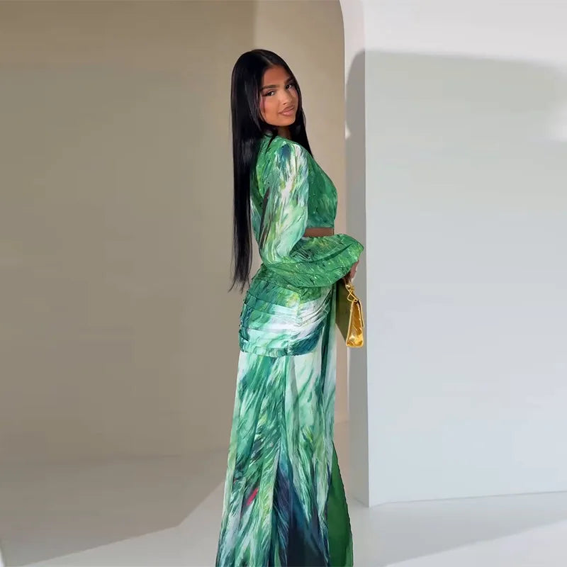 Women's Dress 2025 Fashion Summer New Vestidos Para Mujer Women's Vacation Elegant Style Long Sleeve Split Printed Slit Dresses