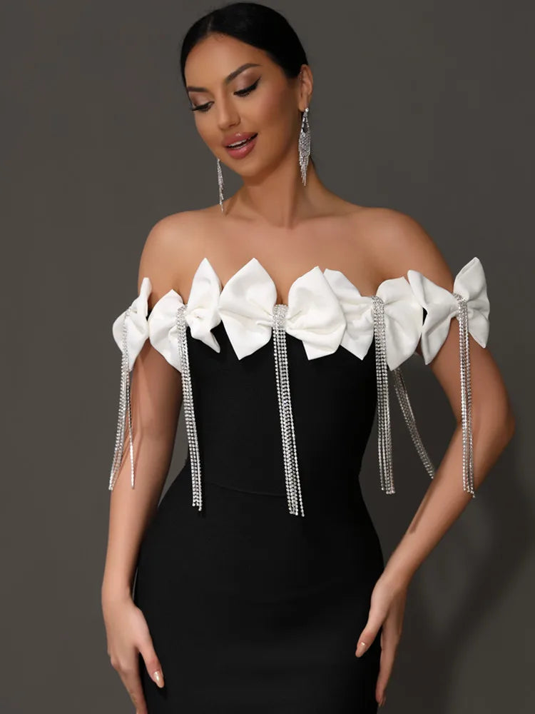 Women Celebrity Sexy Off Shoulder Bow Tie Diamonds Black Maxi Long Bandage Dress 2024 Knitted Elegant Evening Club Party Outfit