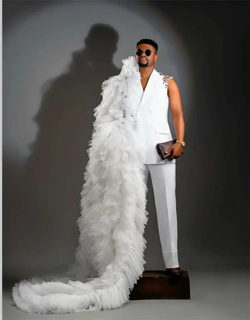 Luxury White Men Suits 2 Piece Beaded Vest+Pant Tulle Wrap Prom Wedding Tuxedos Coat Customized Formal Office Jacket Trousers