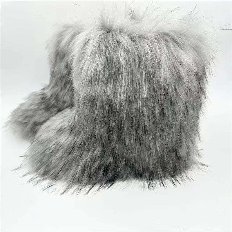 Cute High Quality Faux Raccoon Fox Fur Shibuya Gal Thickened Plus Size Mid-Calf Faux Fur Warm Winter Snow Boots for Women