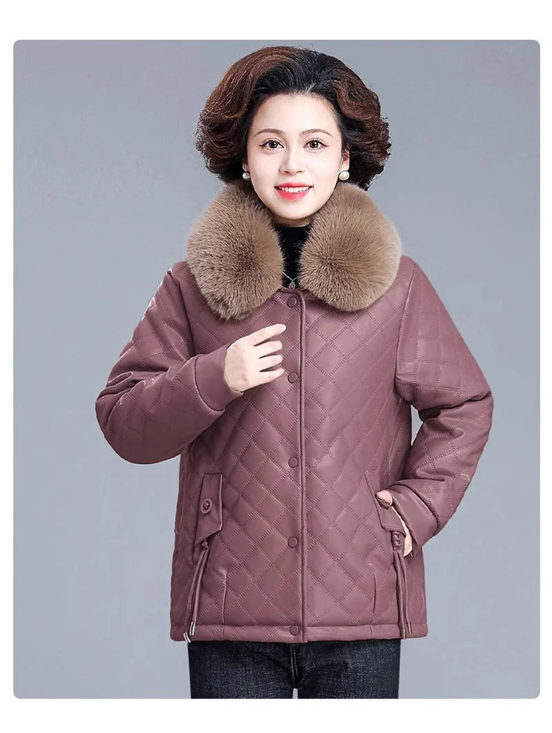 High End Middle Aged Women's Leather Jacket Winter New Thicken Warm Big Fur Collar Faux PU Leather Coat Female Outerwear 5XL