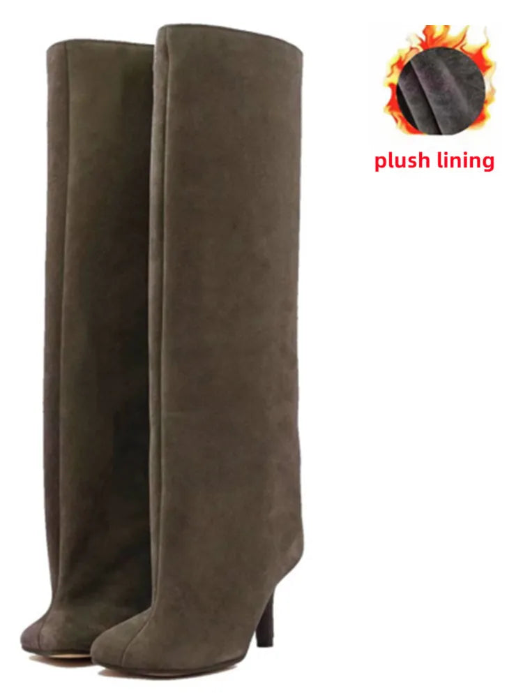 2025Women's Autumn and Winter New Slim Fit High Heels Knee High Boots Fashionable Plus Size Medium Long Boots Knight Boots