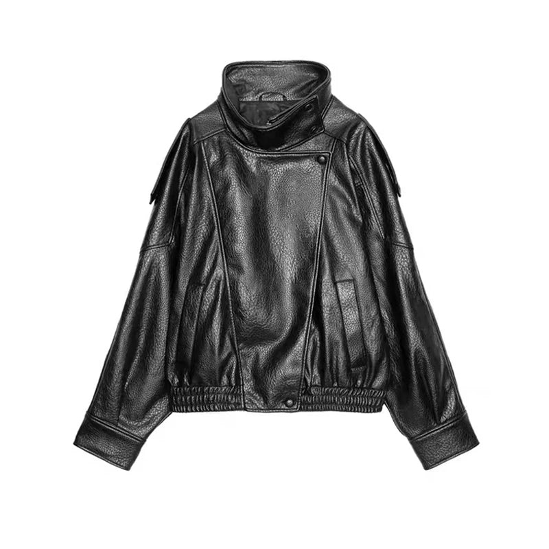 Fashion Leather Women's Jacket Y2k Street Single-breasted High Neck Female Coats 2026 Autumn Black Pu Long Sleeve Lady Jackets