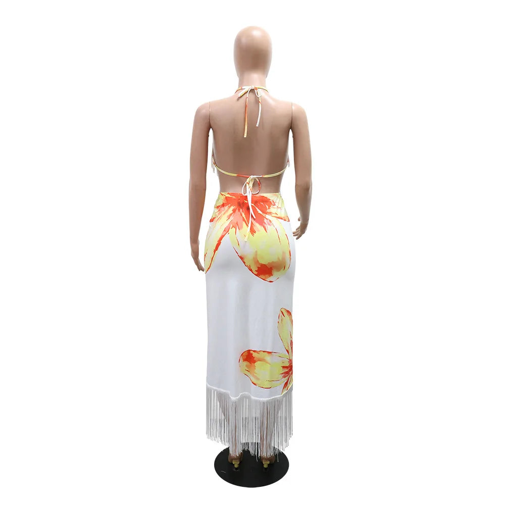 V Neck Floral Fringe Dress Sexy Party Bodycon Fashion Evening Dresses Women 2026 Summer Halter Elegant Luxury Maxi Dresses