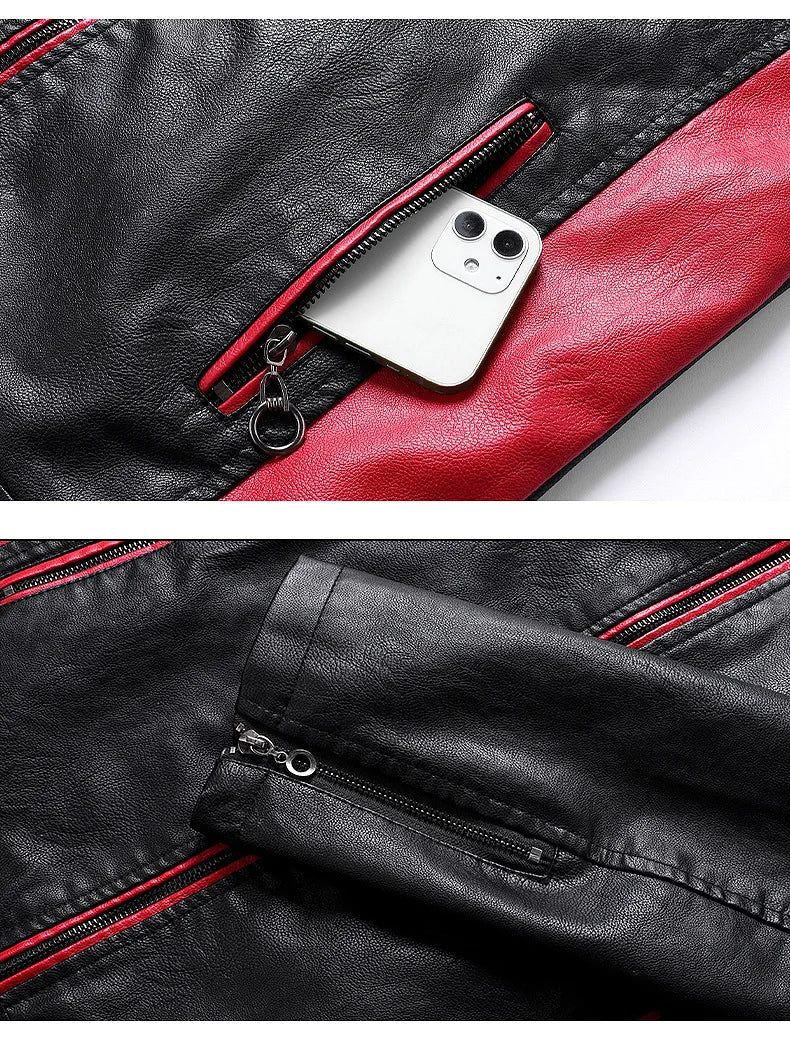 White and Red Patchwork Men's PU Jacket, Stylish Vintage Biker Faux Leather Coat, Available in Black or Brown.